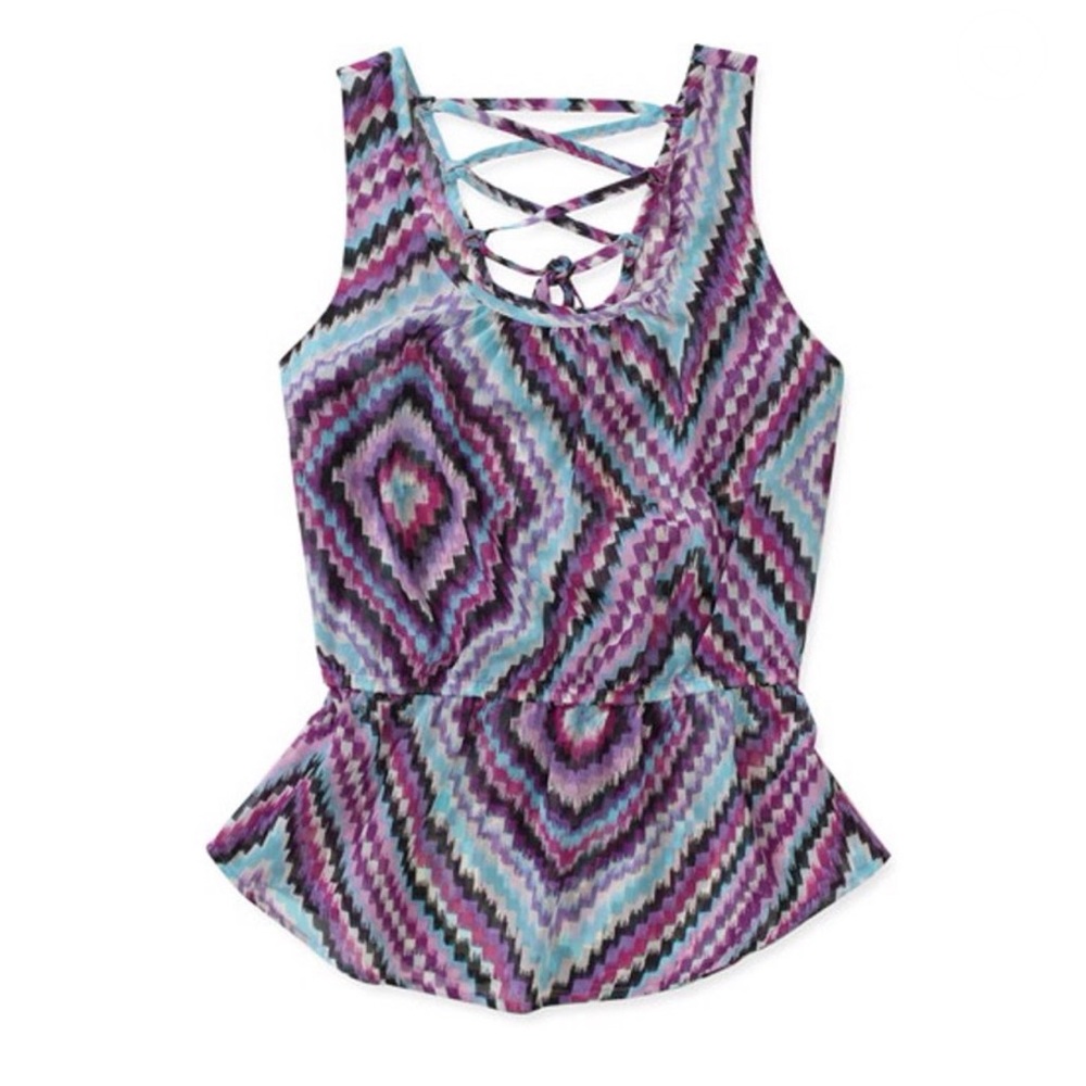 NWOT Peplum top Jrs Medium purple aqua tribal pattern zig zag semi sheer summer